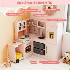 Cozinha de brincar de canto com luzes e sons, bancada retrátil, inclui lava-louças, fogão, frigorífico e acessórios para maiores de 3 anos, cor rosa