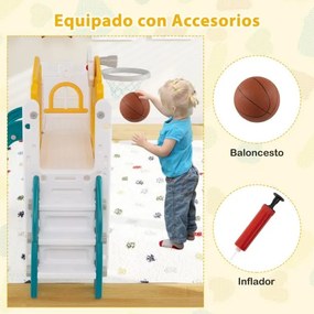 Escorrega infantil 9 em 1 com cesto de basquetebol, telescópio, ponte suspensa e túnel para 1+ anos 176 x 138 x 80 cm amarelo