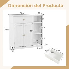 Armário de casa de banho ou multifuncional com 1 gaveta grande, 2 portas e Estante ajustável 75 x 30 x 80 cm Branco