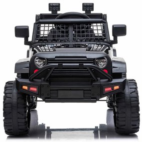 Jipe elétrico Crianças OFFROAD com tração traseira, preto, bateria 12V, chassi alto, assento largo, eixos suspensos, controle remoto 2,4 GHz, MP3 play