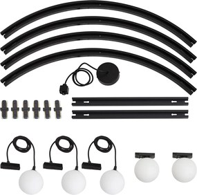 Sistema de iluminação de trilho oval moderno preto com 3 luzes pendentes e 2 luzes de teto brancas monofásico - Iconic Perle