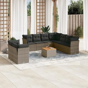 10 pcs conjunto sofás de jardim c/ almofadões vime PE cinzento