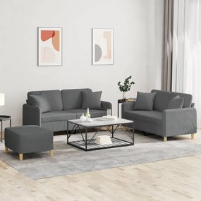 3 pcs conjunto de sofás com almofadas tecido cinzento-escuro