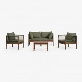 Conjunto De Sala De Estar Com Sofá Modular De 2 Peças Com Braços, 2 Poltronas E Mesa De Centro Em Madeira De Acácia Branson Verde Oliva Intenso - Cast