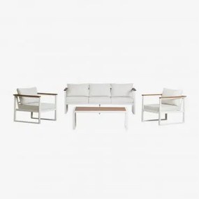 Conjunto De Jardim Com Sofá De 3 Lugares, 2 Poltronas E Mesa De Centro Em Alumínio E Madeira De Acácia Lipov Gardénia Branco - Sklum