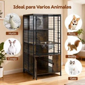 Gaiola moderna para gatos 60 x 60 x 125 cm com torre multinível com estrutura metálica Orifícios Porta com fechadura Almofadas ajustáveis Castanho