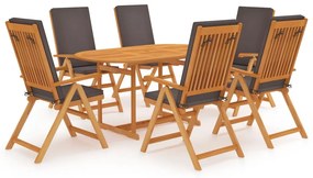 vidaXL 7 pcs conjunto jantar jardim + almofadões cinzentos teca maciça