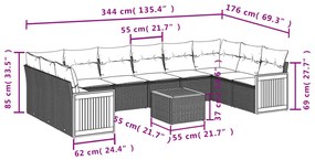 11 pcs conjunto sofás de jardim c/ almofadões vime PE preto