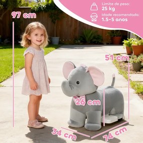 Elefante Elétrico com Música Bateria 6V 74x34x51 cm com Toque Suave Rodas Silenciosas de PU e Pedal Cinzento