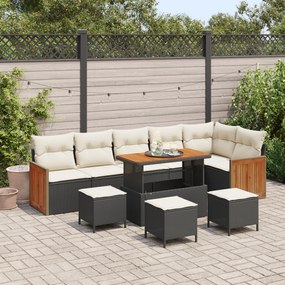 vidaXL Conjunto de Sofá de Jardim com 10 Peças e Almofadas Preto Vime Poliéster Acácia