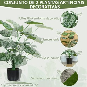Conjunto de 2 Plantas Artificiais Decorativas 65 cm Plantas Artificiais com Vaso e Folhas para Interior Verde