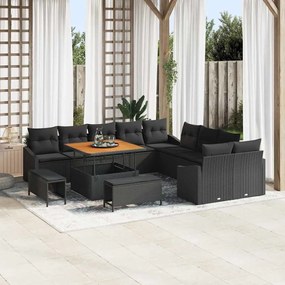Conjunto de Sofá de Jardim de 13 peças com Almofadas Vime Preto Acácia