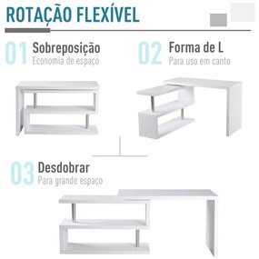 Secretária em forma de L com canto giratório de 360º e prateleiras para escritório 114x120x76,1 cm Branco