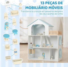 Casa de Bonecas de Madeira com 3 Pisos, Elevador e Varanda, 5 Divisões e 13 Móveis, para Crianças dos 3 aos 6 Anos, Azul
