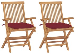 vidaXL Cadeiras jardim c/ almofadões vermelho tinto 2 pcs teca maciça