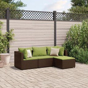 4 pcs conjunto lounge jardim c/ almofadões vime PE castanho