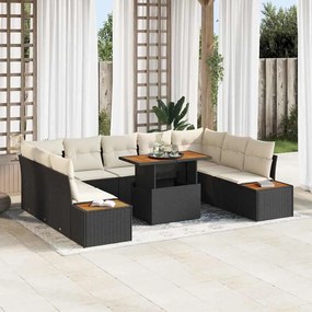 vidaXL Conjunto de Jantar para Jardim com 10 Peças e Almofadas Preto em Rattan de Polietileno e Acácia