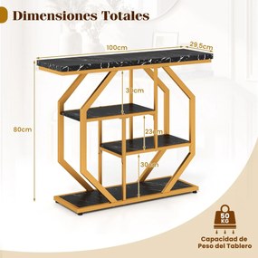 Mesa Consola Moderna 4 Níveis 100 x 29,5 x 80 cm Estrutura Metálica com Prateleiras e Superfície imitação Mármore Preto e Dourado