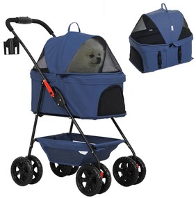 PawHut Carrinho para Cães Dobrável 3 em 1 Carrinho para Cães Miniatura com Cesta de Armazenamento Janela de Malha 76x50x102 cm Azul Escuro | Aosom Portugal