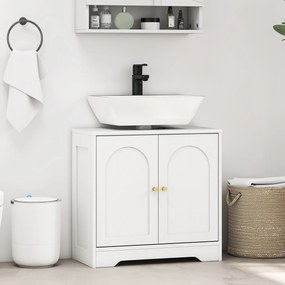 Móvel para Lavatório (NÃO INCLUIDO) Pousar com 2 Portas em Arco Puxadores Dourados para Lavatório com ou sem Pedestal 60x30x65 cm Branco