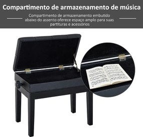 Banco de Piano com Espaço de Armazenamento Altura Ajustável com Assento Acolchoado Carga 200 kg 54,5x33x48-58 cm Preto