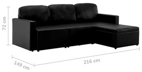 Sofá-cama modular de 3 lugares couro artificial preto