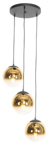 Candeeiro suspenso Art Deco preto com vidro dourado redondo 3 luzes - Pallon Art Deco