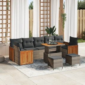 vidaXL Conjunto de Sofá de Jardim 10 Peças com Almofadas em Rattan Poli Cinza de Acácia