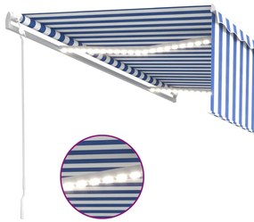 Toldo autom. c/ estore/LED/sensor de vento 5x3 m azul/branco