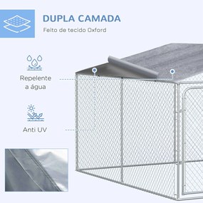 Canil de Exterior 4x4x2,3 cm com Toldo Anti-UV Recinto para Cães com Porta com Trava e Estrutura de Metal  Prata