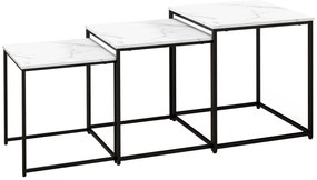 Conjunto de 3 Mesas Auxiliares para Sala de Estar com Efeito Mármore e Estrutura de Aço Estilo Moderno Branco e Preto