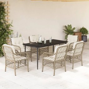 7 pcs conjunto de jantar p/ jardim com almofadões vime PE bege