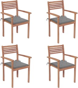 vidaXL Cadeiras de jardim c/ almofadões cinzentos 4 pcs teca maciça