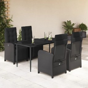 5 pcs conjunto de jantar p/ jardim c/ almofadões vime PE preto