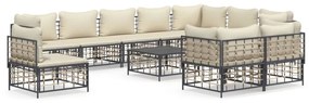 11pcs conjunto lounge de jardim c/ almofadões vime PE antracite