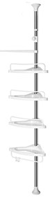 Prateleira de canto ajustável para banheiro SONGMICS, suporte telescópico para chuveiro, 95-300 cm, do chão ao teto, com estrutura de aço inoxidável, 4 bandejas, 3 ganchos, 1 barra para toalhas, branco e prata BCB02SW