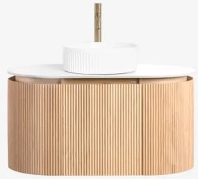 Conjunto De Móvel De Casa De Banho Suspenso 90x50 Cm Em Madeira Carsone Madeira Natural & Sem Unidade Auxiliar & Cerâmica Redonda - Sklum