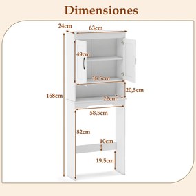 Armário Casa de Banho sobre a Sanita de 63 x 24 x 168 cm com 2 portas e Estante ajustável Economizador de espaço Branco