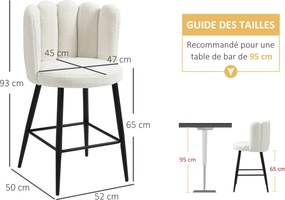 Conjunto de 2 cadeiras altas de bar com apoio para os pés, em aço e tecido com efeito de lã felpuda, altura 65 cm, creme e preto