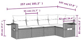 5 pcs conj. sofás jardim c/ almofadões vime PE cinzento-claro