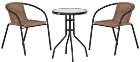 Outsunny Conjunto de 3 Peças de Vime para Jardim com 2 Cadeiras Empilháveis e 1 Mesa de Centro Redonda com Tampo de Vidro Marróm