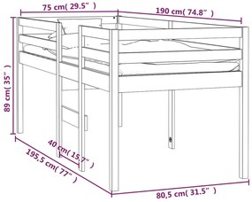 Cama alta 75x190 cm madeira de pinho maciça