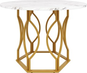 Mesa de jantar redonda para 4 pessoas, mesa de cozinha com tampo em MDF e pés metálicos, 100x100x76 cm, Branco+Ouro