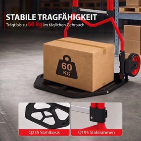 Carrinho de Carga Dobrável com Pega Telescópica Ajustável, 60 kg, com Rodas, para Garagem e Escritório, Vermelho