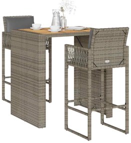 3 pcs conj. de bar jardim c/ almofadões vime PE/acácia cinzento