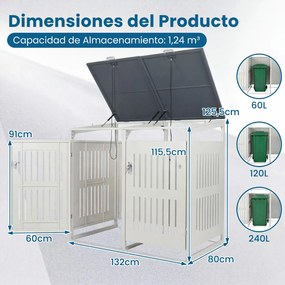 Abrigo para 2 Contentores do Lixo (NÃO INCLUIDOS), 132 x 80 x 125,5 cm, Com Fechadura, Branco