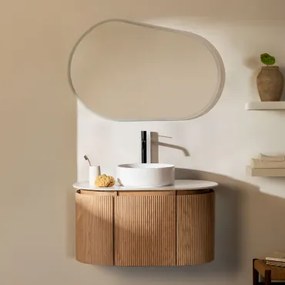 Conjunto De Móvel De Casa De Banho Suspenso Em Madeira Carsone Madeira Natural & Sem Unidade Auxiliar & Cerâmica Redonda Branca Ø40 Cm - Sklum