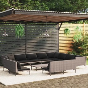 vidaXL 13 pcs conj. lounge jardim c/ almofadões vime PE cinza-escuro