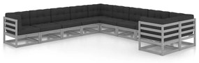 vidaXL 10pcs conjunto lounge de jardim + almofadões pinho maciço cinza
