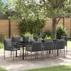 vidaXL Conjunto de Jantar de Jardim de 9 Peças com Almofadas em Rattan Preto